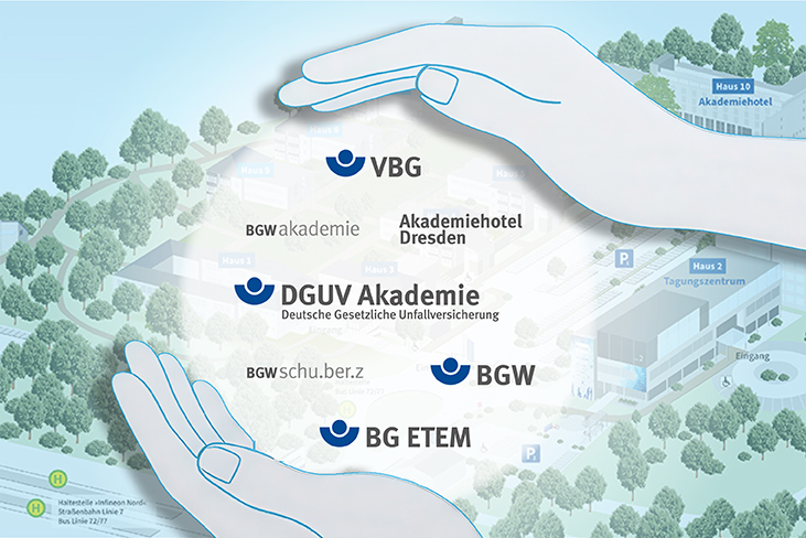 Zwei stilisierte Hände umrahmen Logos und Namen der Campus-Partner vor einem schemenhaften Gebäudekomplex mit Bäumen.