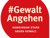 Rote Sprechblase mit weißer Inschrift: #GewaltAngehen. Gemeinsam stark gegen Gewalt.