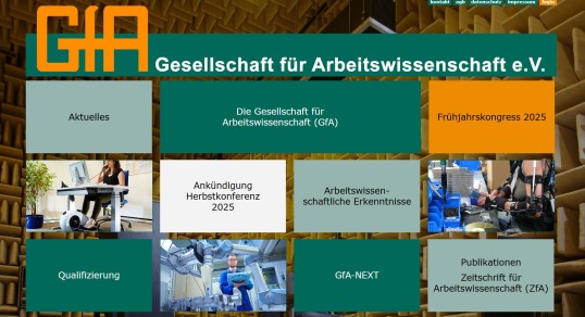 Screenshot der Startseite der GfA Webseite. Zu sehen sind die verschiedenen Kategorien der Webseite, z. B. 