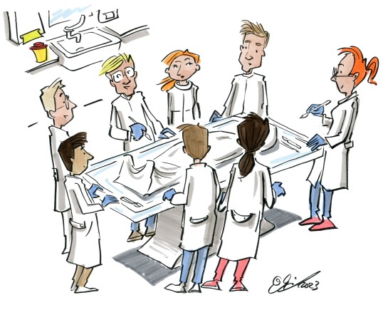 Illustration: Mehrer Personen die um einen Operationstisch stehen auf dem eine humananatomische Untersuchung stattfindet