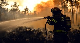 Bild eines Feuerwehrangehörigen mit einer Löschspritze, der am Waldrand ein Feuer löscht.