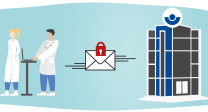 Schmuckbild: Rechts Medizinisches Personal. In der Mitte eine Brief mit einem Schloss. Links ein Hochhaus mit dem DGUV-Logo