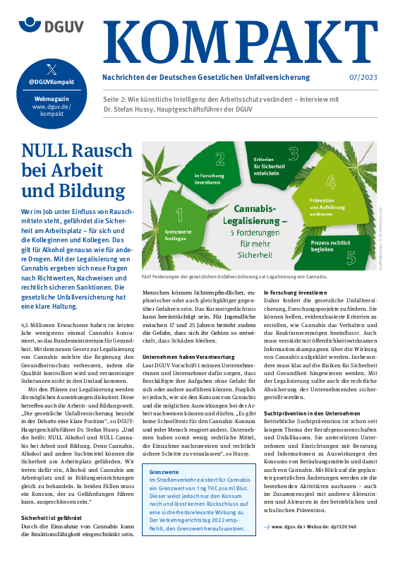 Titelbild DGUV Kompakt 7/2023 mit der Titelstory: NULL Rausch bei Arbeit und Bildung