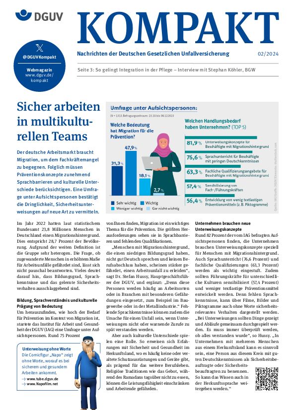 Titelbild DGUV Kompakt 2/2024 mit der Titelstory: Arbeiten in interkulturellen Teams